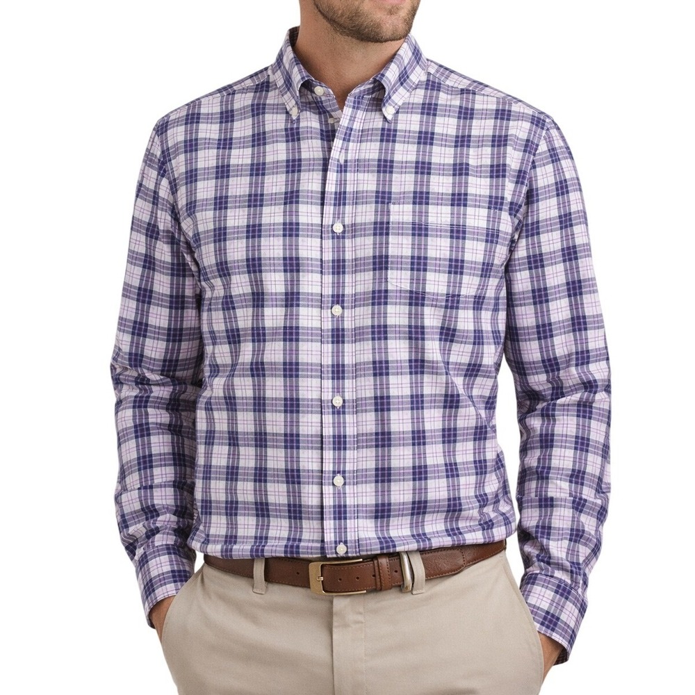 Peter Millar Plaid Button Down Shirt Mens Large Cotton Purple Navy White